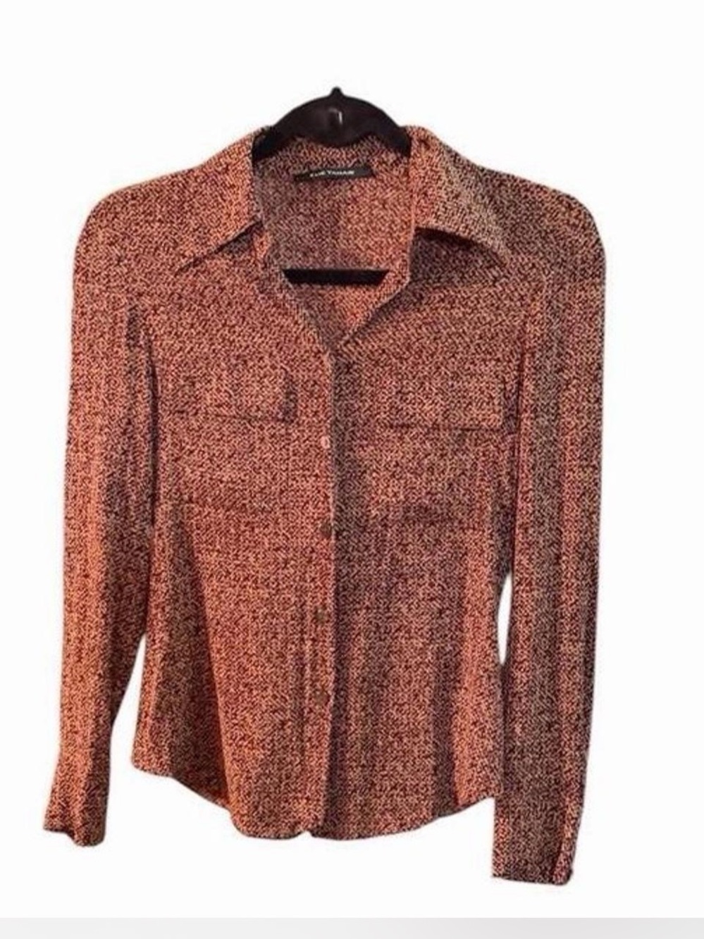 Elie Tahari Silk Button Down Blouse w/a Red & Brown Print Sz XS Retail $298